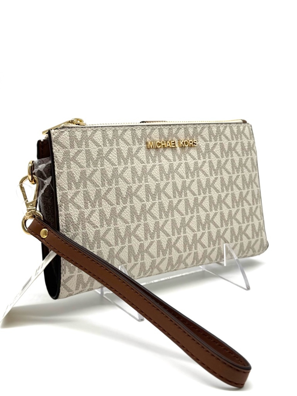 Michael Kors Large Double Zip Wallet Wristlet Vanilla/Brown